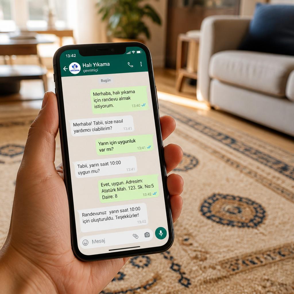 WhatsApp üzerinden halı yıkama randevusu alan bir müşteri